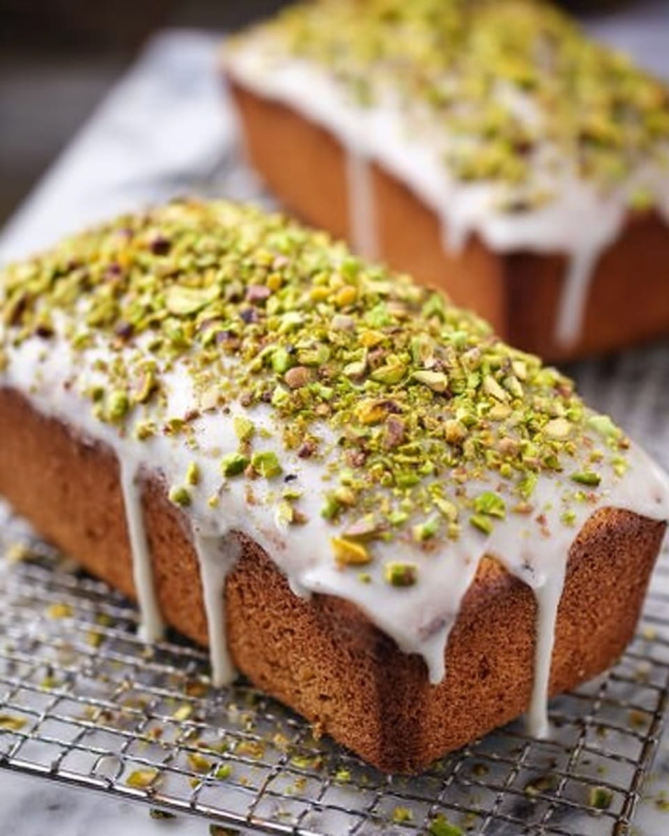The image shows a loaf cake placed on a wire rack over a white marbled surface. The cake has a golden brown color and is covered by a smooth white glaze that drips slightly down the sides. On top of the glaze, there is a thick, even layer of chopped green pistachios, adding texture and color contrast. In the background, another loaf cake with similar decoration is partially visible. photo taken with an iphone --ar 4:5 --v 7