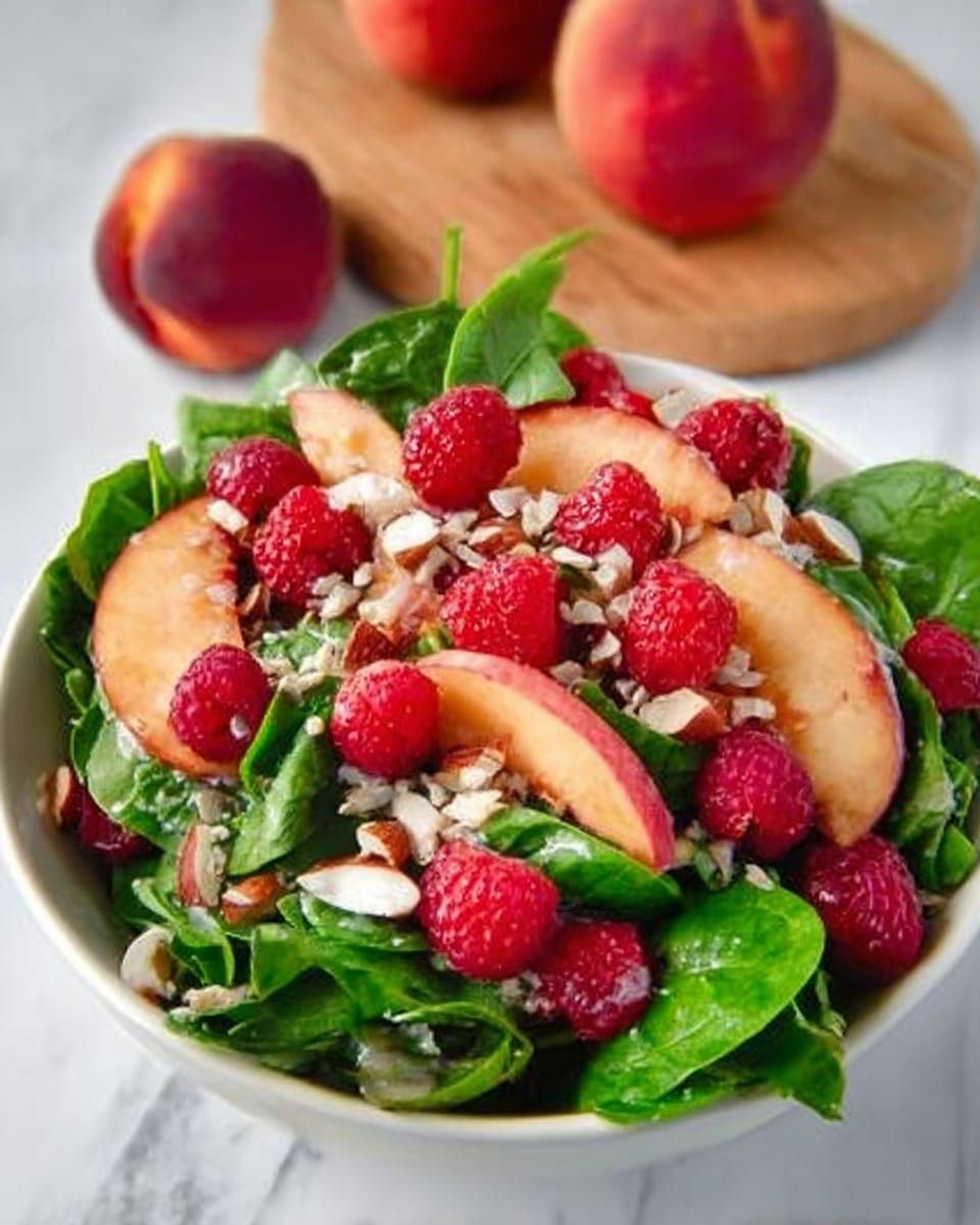 The dish is a fresh salad served in a white bowl, placed on a white marbled surface. The salad has a base layer of green leafy spinach with smooth textures. On top of this are several slices of ripe peach with soft pink and orange skin and juicy flesh. Scattered over the salad are bright red raspberries, adding a pop of vibrant color and a bumpy texture. There are also small pieces of white nuts sprinkled across, providing a crunchy contrast. Two whole peaches are placed in the background, along with a wooden round cutting board. Photo taken with an iphone --ar 4:5 --v 7