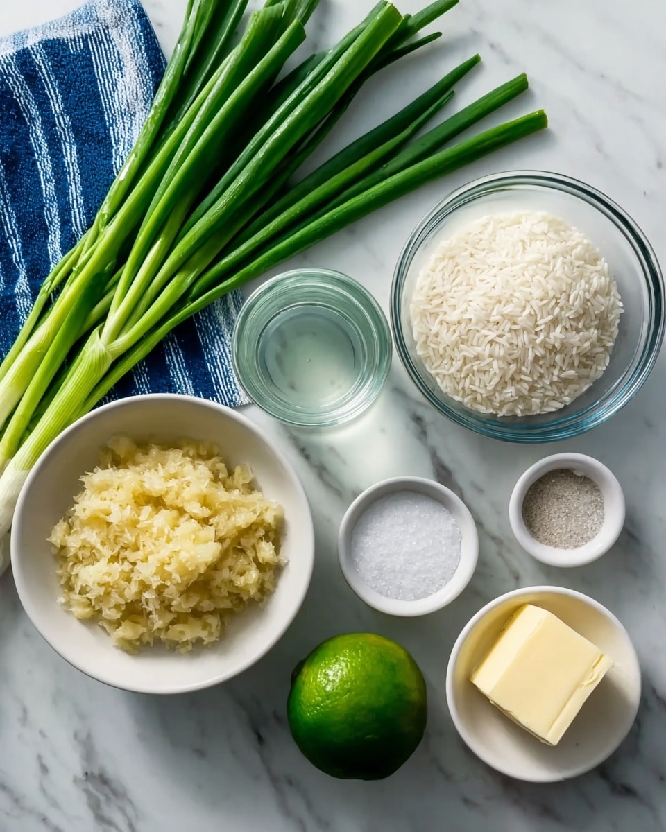 The image shows a top view of several small bowls and ingredients arranged on a white marbled surface. There is a bunch of green onions on the left side next to a clear glass bowl with water. To the right of the glass bowl, there is a clear glass bowl filled with white rice. Below the green onions and glass bowl, there is a white bowl filled with yellowish mashed garlic or ginger. At the center near the bottom, a whole green lime is placed. Next to the lime, there are two small white bowls, one containing white granulated sugar and the other with salt. On the far right, there is a small white bowl with a piece of butter. A blue and white striped cloth is partially visible on the top left corner. photo taken with an iphone --ar 4:5 --v 7