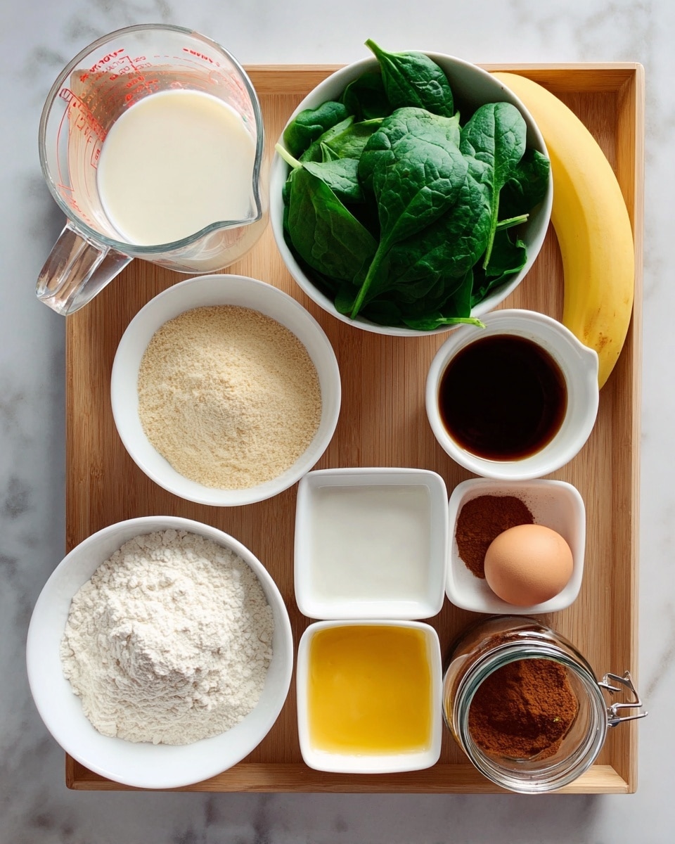 The image shows a white marble surface holding a wooden tray with several small white bowls and containers, each filled with different ingredients. On the left side, there is a clear measuring cup filled with a white liquid, next to a bowl of fresh spinach leaves that are dark green and textured. Below are a bowl with light beige flour, a square white dish with a brown liquid, and a small white bowl filled with white powder. On the right side, there is a bowl containing melted yellow butter, another bowl with dark brown syrup, a glass jar labeled