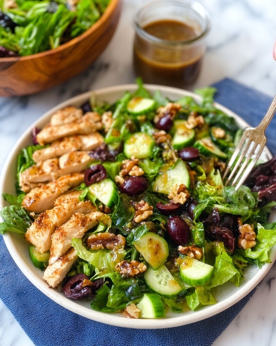 A white plate holds a fresh salad with three main layers: the bottom layer is a mix of bright green leafy lettuce that looks crisp, the middle layer includes sliced light brown grilled chicken pieces evenly spread, and the top layer features small chunks of green cucumber, dark purple olives, and bits of walnut scattered around. The salad is lightly coated in dressing giving a slight shine to the leaves and chicken. Nearby, a small glass jar with brown dressing sits on the white marbled surface, and a wooden bowl with extra greens appears blurred in the background. A woman's hand holding a fork is gently reaching toward the salad. photo taken with an iphone --ar 4:5 --v 7