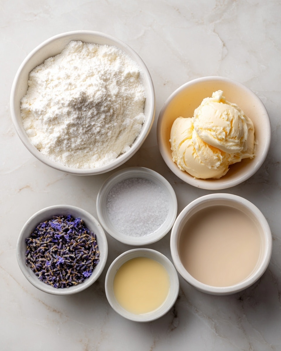 The image shows six white round bowls placed on a white marbled surface, each containing different ingredients. The largest bowl at the top left is filled with a fluffy, white powder labeled icing sugar. To its right is a smaller bowl with smooth, pale yellow dairy free butter shaped in a chunky scoop. Below the butter bowl, there is an empty small bowl labeled salt. At the bottom center, another bowl contains a creamy beige liquid labeled dairy free milk. To the left of this is a bowl holding small dark purple lavender buds. Above it, near the center, there is a small bowl with light yellow vanilla liquid. All bowls are neatly arranged in a balanced layout. photo taken with an iphone --ar 4:5 --v 7