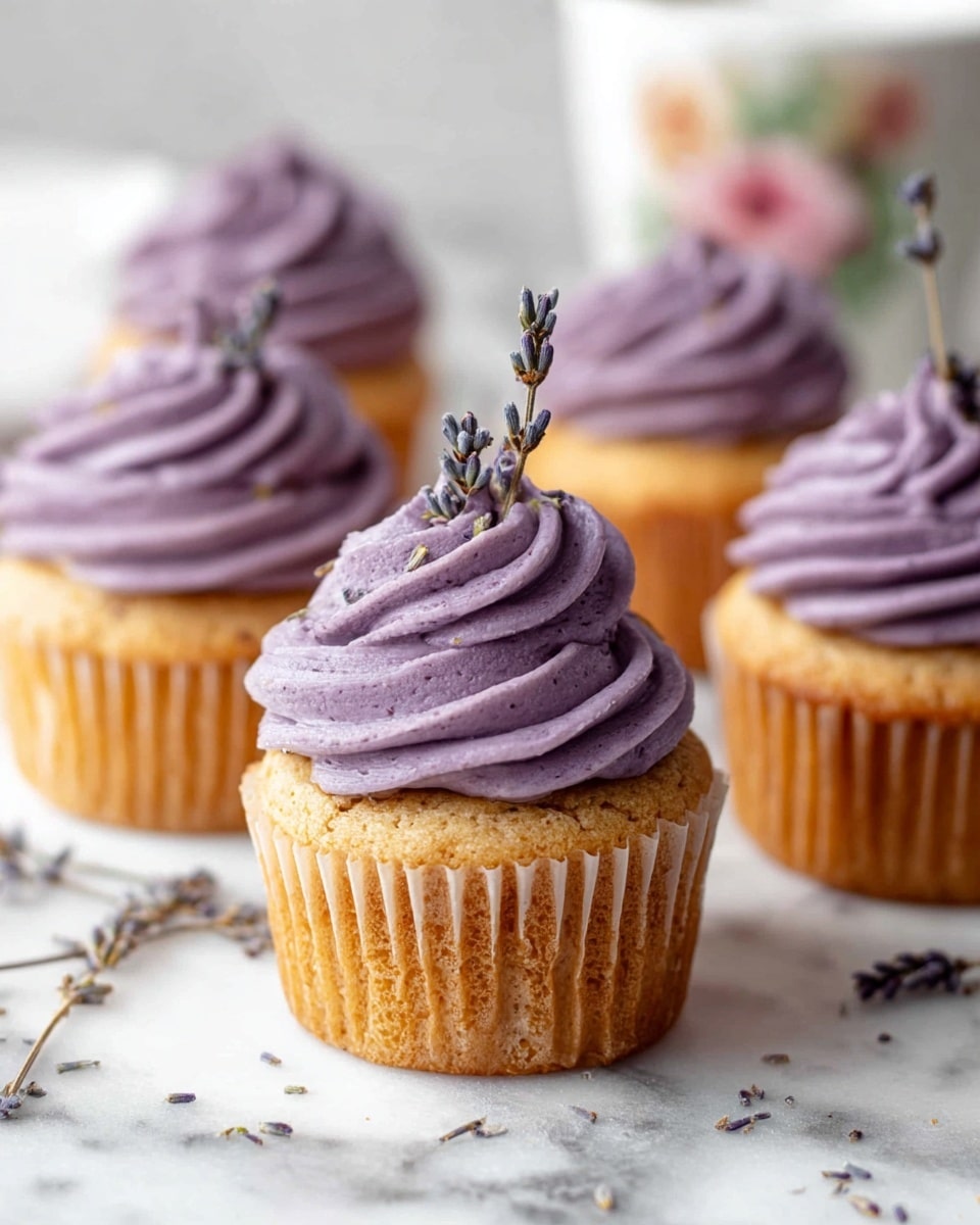 A close-up of five cupcakes arranged in a soft focus, each with a golden-brown base topped by a tall swirl of smooth purple frosting. The frosting is thick, creamy, and twisted neatly into a spiral, creating a peaked top on each cupcake. One cupcake in the front center is decorated with two small sprigs of dried lavender sticking up from the frosting. There are small lavender buds scattered around the cupcakes on a white marbled surface, adding texture and color. The background is bright and softly blurred, with a white cup featuring a floral design slightly visible behind the cupcakes. photo taken with an iphone --ar 4:5 --v 7