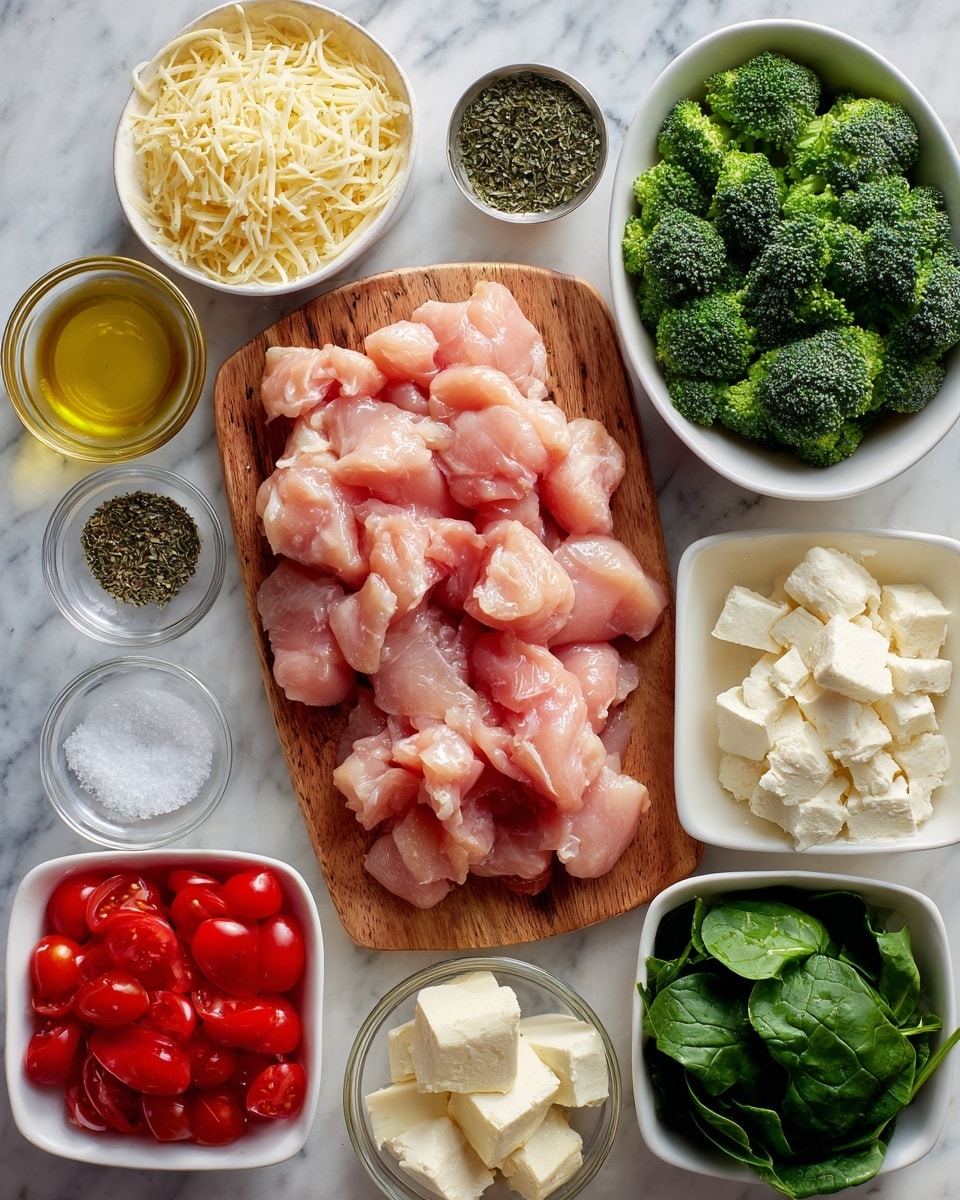 The image shows raw pink chicken pieces placed on a small wooden cutting board at the center, surrounded by small white bowls. Above and to the right of the chicken is a white oval bowl filled with bright green broccoli florets. To the top left is a white bowl with shredded pale yellow cheese. Below it, a small clear bowl has ground black pepper. At the bottom left, a white square bowl contains quartered cherry tomatoes in red. Below the chicken, a small clear bowl has white salt, next to a fluted white bowl with golden olive oil. To the bottom right, a white bowl holds creamy white cheese. Above it, a small white bowl has dried green herbs, and beside it to the right, another white square bowl is filled with fresh, dark green spinach leaves. At the top right, a tiny white bowl contains minced garlic. The surface is a white marbled texture. photo taken with an iphone --ar 4:5 --v 7
