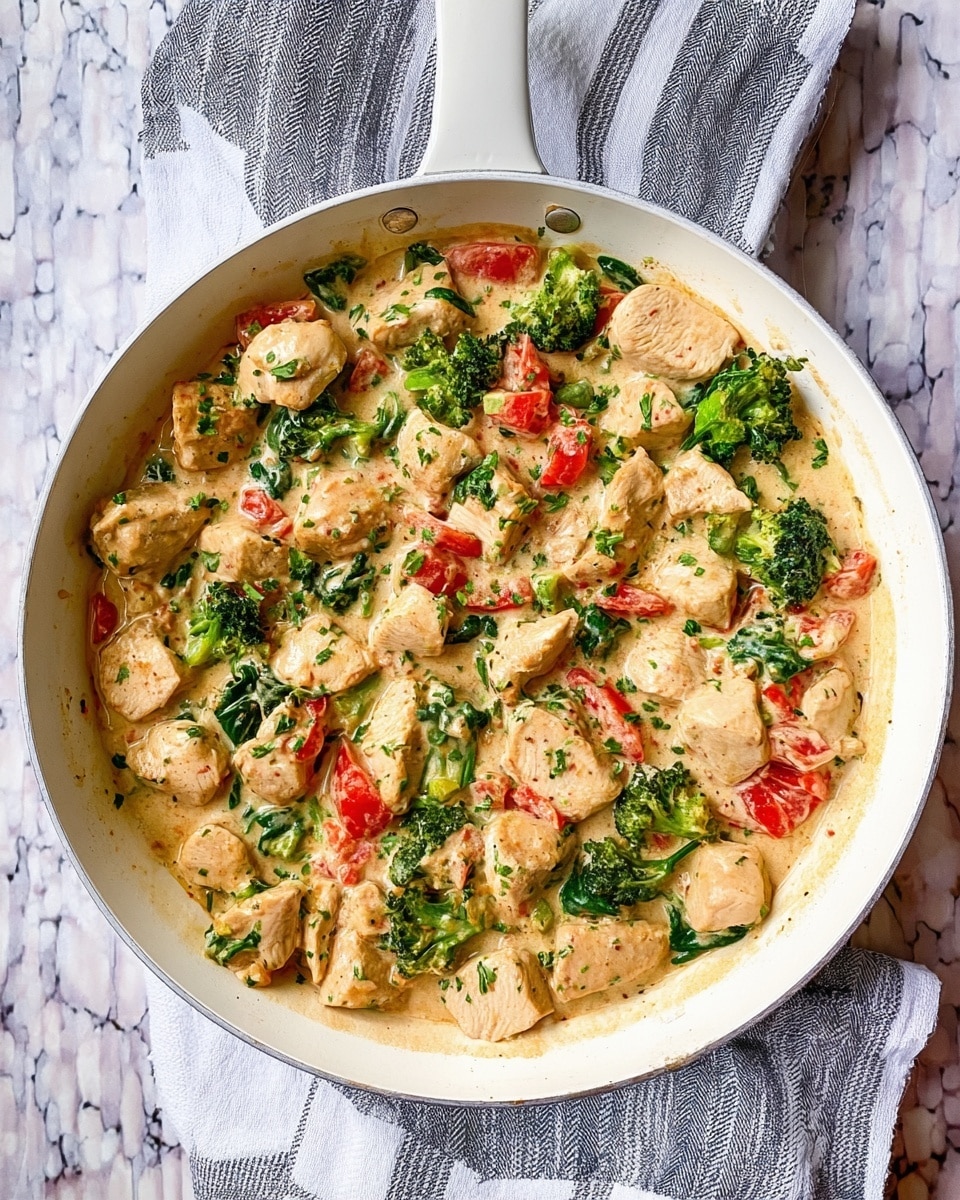 A pan filled with creamy light yellow sauce mixed with large chunks of light beige cooked chicken, vibrant green broccoli pieces, and bright red tomato slices, all sprinkled with finely chopped fresh green herbs. The sauce looks smooth and thick, coating the ingredients evenly, with some dark green spinach leaves scattered throughout. The pan is white inside, set on a white marbled textured surface. photo taken with an iphone --ar 4:5 --v 7