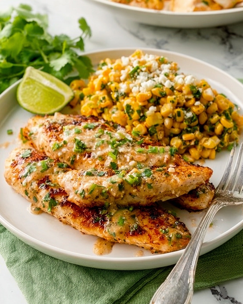 The image shows a white plate with three pieces of grilled fish fillets in the front, topped with light sauce and green herb bits. Behind the fish is a mound of bright yellow corn mixed with green herbs and sprinkled with white cheese crumbles. A wedge of lime and a sprig of cilantro rest on the left side of the plate. A silver fork lies on the right edge of the plate. The plate is set on a white marbled surface with a green cloth partially visible underneath. Photo taken with an iphone --ar 4:5 --v 7