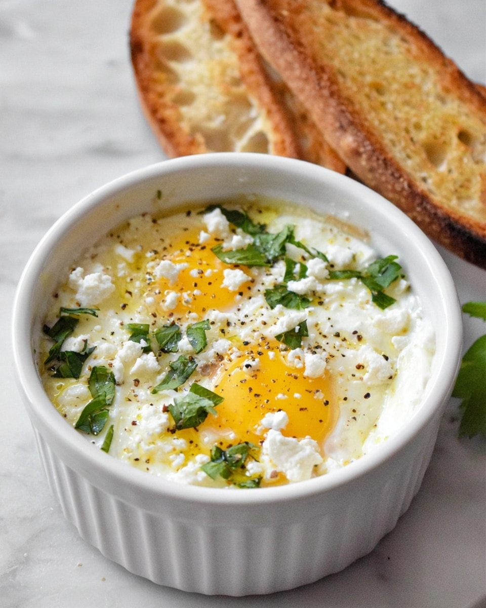 A white ramekin holds a dish with a layer of cooked white egg whites topped with two bright yellow egg yolks visible near the edges. The surface is sprinkled with small white crumbles of cheese and fresh green herbs, possibly parsley, along with some cracked black pepper. To the side, there are two toasted slices of bread with a golden-brown crust. The setting includes a white marbled surface beneath the ramekin. photo taken with an iphone --ar 4:5 --v 7