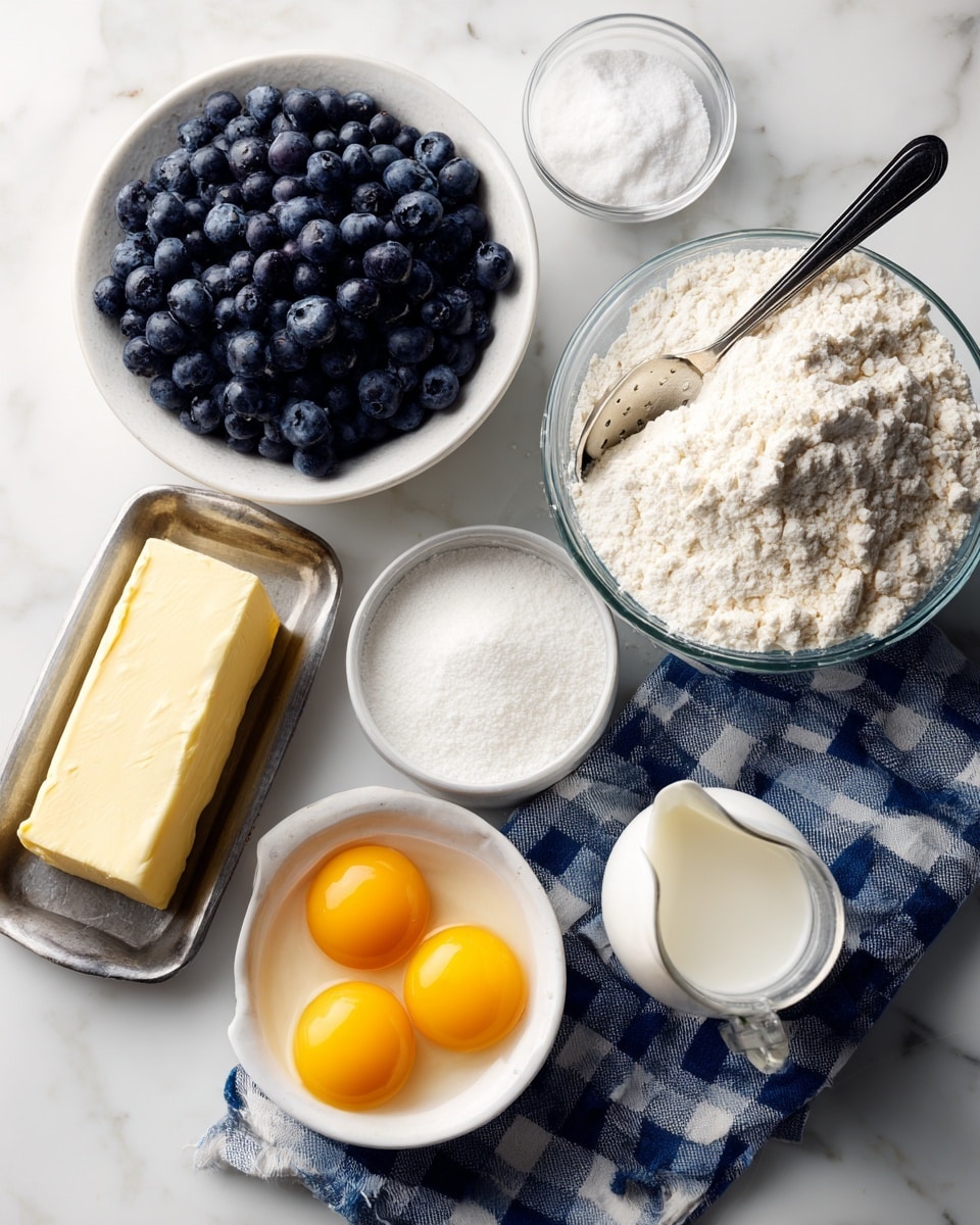 This image shows several ingredients on a white marbled surface with a blue and white checkered cloth underneath some of them. There is a glass bowl filled with white flour at the top right, a small white bowl with white sugar and a metal spoon inside it to the left, and a white colander full of dark blue blueberries below the flour. Near the bottom left, a rectangular silver butter dish holds a pale yellow stick of butter, and next to it is a small clear glass bowl with white baking powder. A small white bowl containing two cracked eggs, showing bright yellow yolks and clear whites, is at the bottom center, while a small glass jug filled with white milk is placed to the right of the eggs. All items are neatly arranged on the white marbled surface. Photo taken with an iphone --ar 4:5 --v 7
