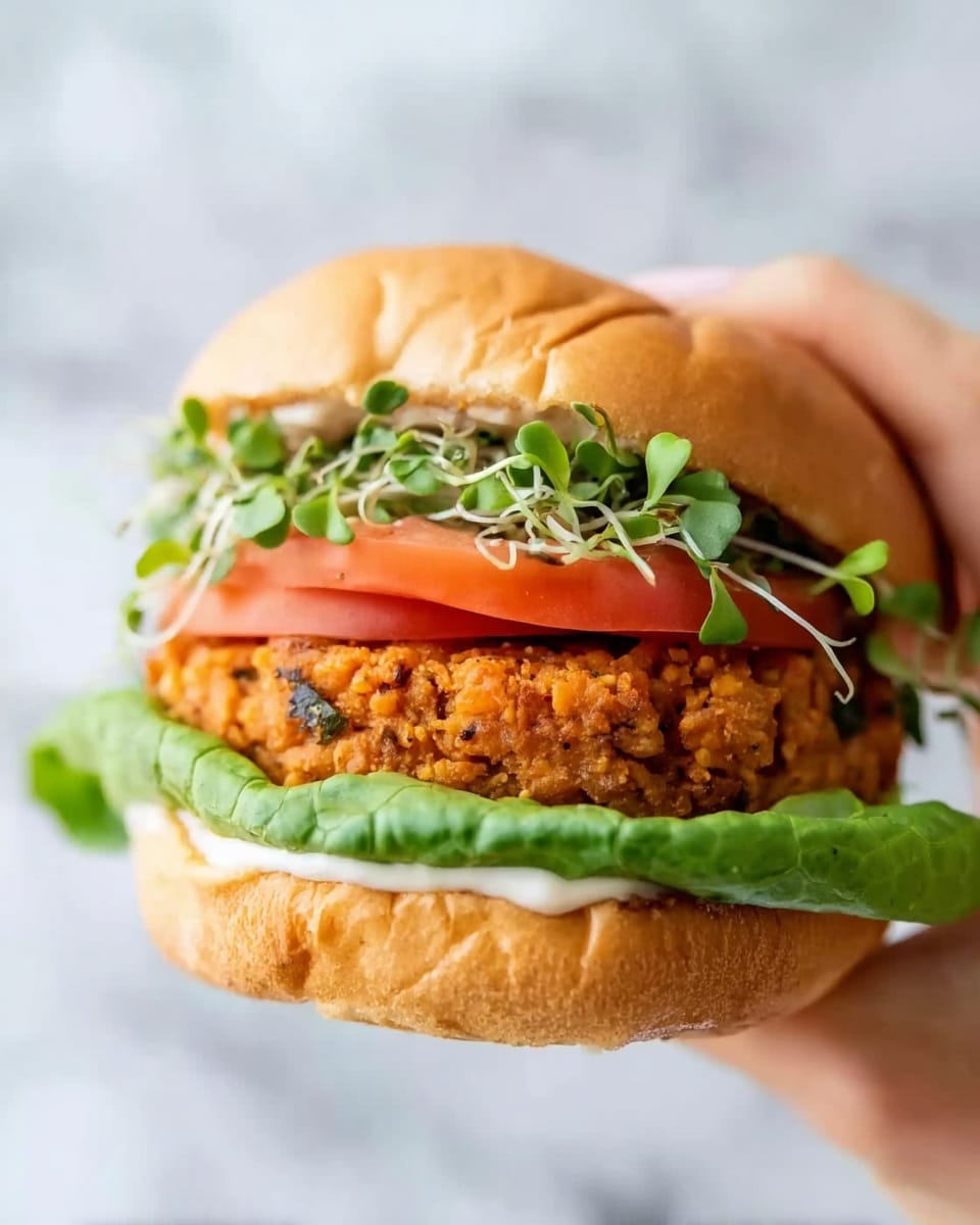 A close-up view of a sandwich held by a woman's hand shows a soft, light brown bun with visible wrinkles on top. Inside, from bottom to top, there is a layer of fresh green lettuce with large, slightly crinkled leaves, followed by a thick, textured orange patty with small bits of green herbs. Above the patty, there is a bright red slice of tomato, topped with light green sprouts adding a delicate, leafy texture. The sandwich is finished with a creamy white sauce spread under the top bun. The background has a white marbled texture photo taken with an iphone --ar 4:5 --v 7