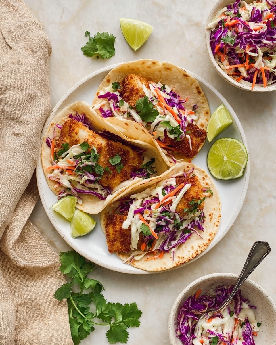 The image shows three tacos on a white plate, each taco made of a soft tortilla. Inside each tortilla, there is a layer of golden brown crispy fish fillets at the bottom, topped with a colorful mix of shredded purple and white cabbage, thin carrot strips, and green herbs. Fresh cilantro leaves are scattered on top and around the plate. Several lime wedges are placed on the side of the plate and on a small white bowl nearby. A beige cloth lies on the left side of the white marbled surface where the plate is placed. A small white bowl with a spoon holds more of the shredded cabbage mix, adding texture and color. Photo taken with an iphone --ar 4:5 --v 7