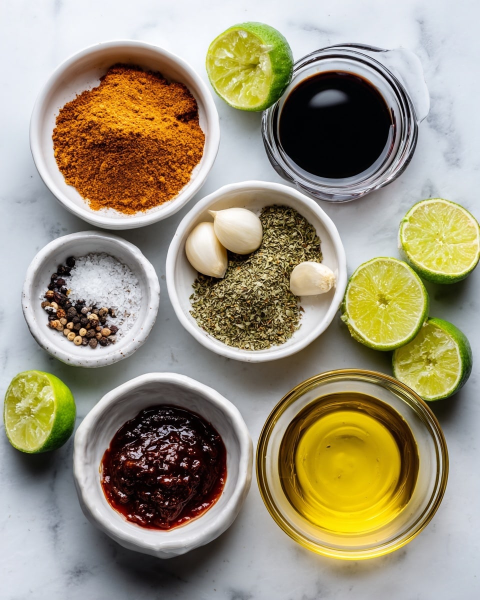 A flat layout of small white bowls and glass containers on a white marbled surface, each holding different ingredients: one bowl with orange-brown cumin powder, another with two whole cloves of garlic, a deeper white bowl filled with green dry oregano, a glass bowl with coarse salt and black pepper mix, a clear glass dish with thick golden honey, a smaller bowl with dark red chipotles in adobo sauce, and two halves of bright green limes placed on the surface. A glass cup with dark red wine vinegar and another with clear yellow olive oil complete the spread. The image is lit evenly with soft natural light, showing clear textures and colors, photo taken with an iphone --ar 4:5 --v 7