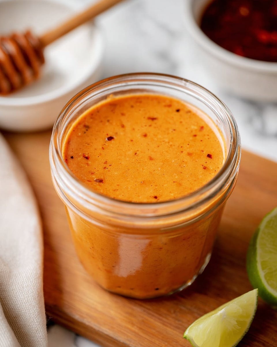 A clear glass jar filled with smooth, thick, orange sauce with tiny red and black specks throughout, sitting on a wooden board with a small lime wedge cut in half placed nearby. In the blurred background, there is a white bowl with a wooden honey dipper resting on it and another bowl with dark reddish sauce. The whole scene is set on a white marbled surface. photo taken with an iphone --ar 4:5 --v 7