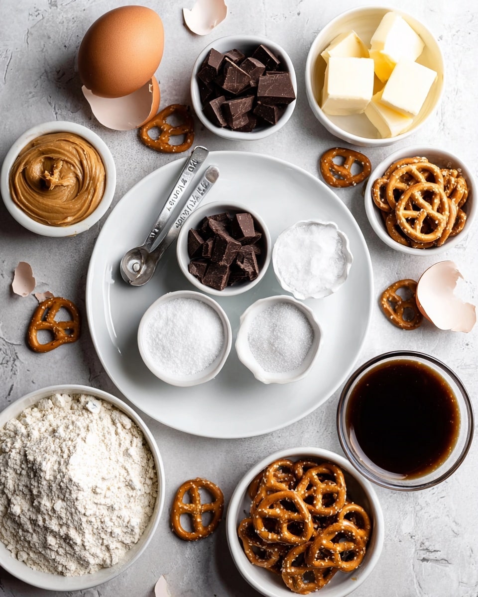 The image shows a top view of baking ingredients arranged neatly on a white marbled surface. There is a large white plate in the center holding three smaller white bowls with white sugar, salt, and dark chocolate chunks inside. Around the plate, there are more white bowls containing peanut butter, brown sugar, flour, broken eggshells, an egg, pretzels, and cubes of butter. Two metal measuring spoons with salt are placed on the large plate. A white bowl of dark vanilla extract completes the setup. Scattered chocolate pieces and pretzels add texture to the scene. The photo is taken with an iphone --ar 4:5 --v 7