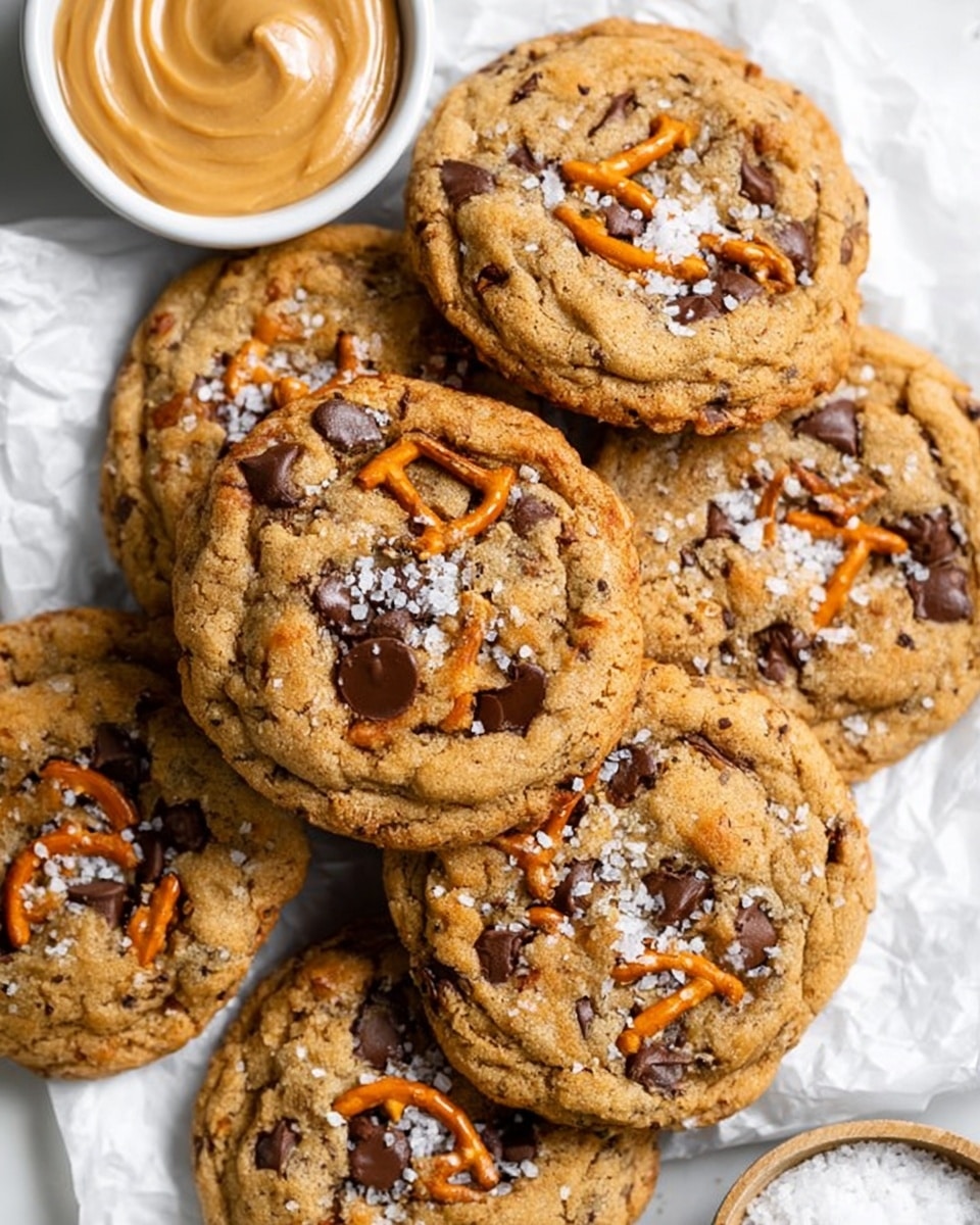 A close-up view of several round cookies stacked and overlapping each other on white crumpled parchment paper, placed on a white marbled surface. Each cookie is golden brown with visible melty dark chocolate chips and broken pieces of orange pretzels embedded on the top, sprinkled with coarse white sea salt flakes. The texture of the cookies looks soft and slightly crisp around the edges. On the top left corner, there is a small white bowl filled with a creamy light brown spread, and on the bottom right, a part of a white bowl with more coarse sea salt is visible. photo taken with an iphone --ar 4:5 --v 7