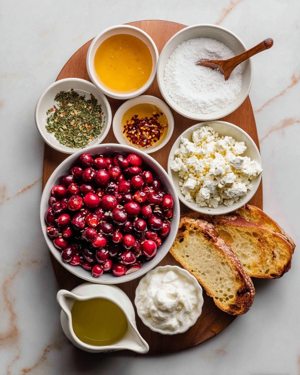 A wooden board sits on a white marbled surface, filled with bowls and slices of bread. At the center, there is a white bowl full of bright red cranberries with smooth, shiny skins. To the top right, a white bowl holds a soft, crumbly white cheese with uneven chunks. Next to it is a small white bowl with clear golden honey. Below, a larger white bowl is filled with extra fine white sugar with a wooden spoon resting on top, showing the sugar's grainy texture. On the bottom right corner, two slices of toasted bread lean against the wooden board, showing a light golden-brown crust. On the bottom center, a fluted white bowl has smooth, thick white cream with soft swirls. To the bottom left, a small white pitcher holds a greenish-yellow liquid, and above it is a tiny white bowl with crushed red pepper flakes. On the left side, two slices of toasted bread with a golden-brown crust lean against a white bowl full of light green, crushed herbs. Finally, a small glass of bright orange juice with a ridged pattern sits near the top center. Photo taken with an iphone --ar 4:5 --v 7