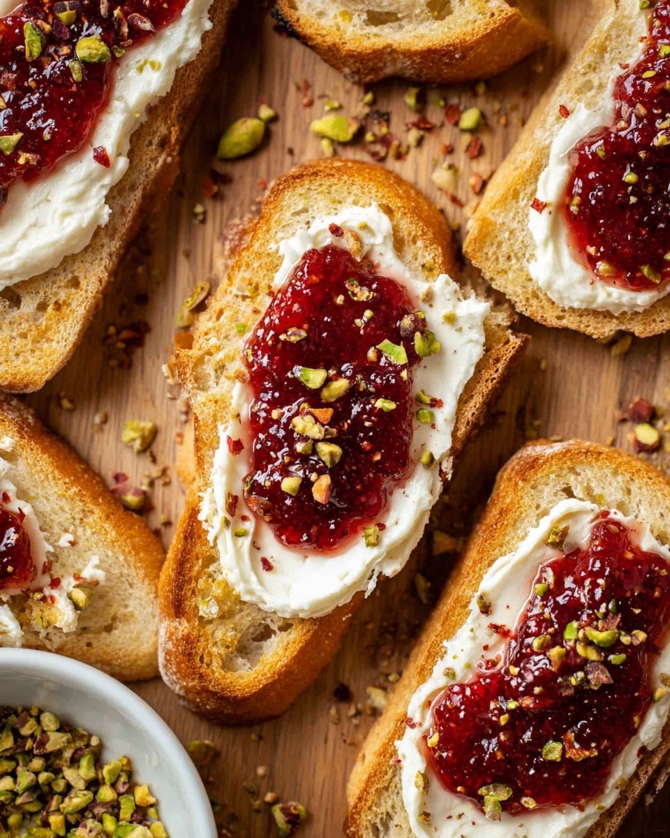 The image shows several slices of toasted bread with a crunchy, golden brown crust and soft inside. Each slice has a smooth, thick layer of white creamy spread, topped with a generous dollop of bright red jam that looks shiny and sticky. Small green pistachio pieces and tiny red chili flakes are sprinkled over the jam, adding colorful texture. The toasts are arranged on a wooden surface with scattered crushed pistachios and chili flakes around them. A white bowl filled with crushed pistachios is visible on the side. The photo taken with an iphone --ar 4:5 --v 7