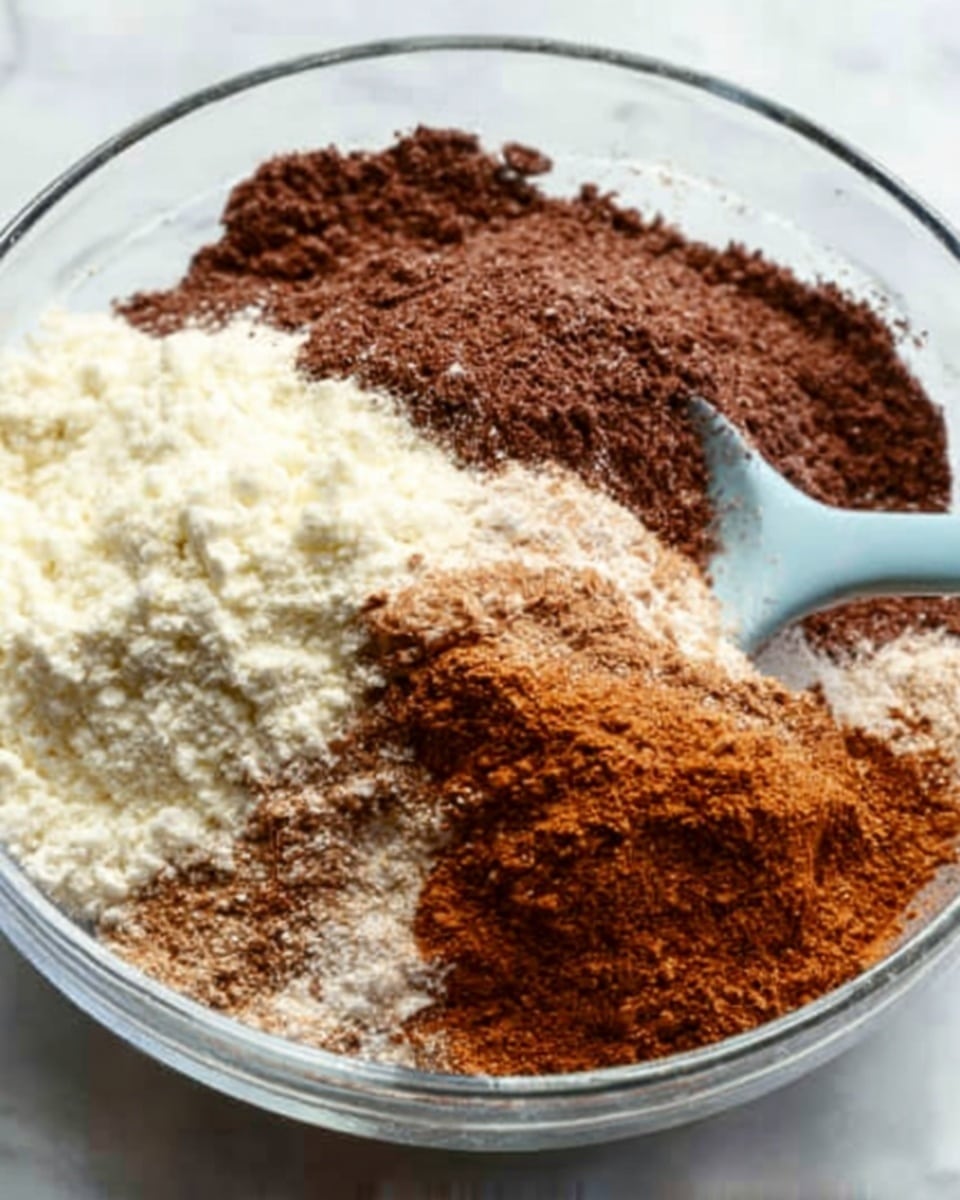 A clear glass bowl on a white marbled surface filled with several dry ingredients layered side by side: a pile of dark brown powder, next to a pile of fine white powder, then some light brown powder, and a small amount of salt. A spoon with a pale blue handle is resting in the bowl with its head near the powders. The ingredients have different textures, with the white powder looking soft and fine, and the brown powder looking slightly clumpy. Photo taken with an iphone --ar 4:5 --v 7