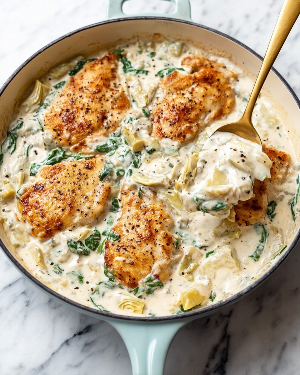 In a light blue skillet on a white marbled surface, there are four pieces of golden brown cooked chicken partially covered in a thick, creamy white sauce. The sauce has visible soft green spinach leaves and chunks of soft, light yellow artichoke pieces mixed throughout. A gold spoon is scooping some sauce over one chicken piece, showing the creamy texture with bits of spinach and artichoke. The skillet handle is visible, and the sauce has a smooth, slightly shiny look, with pepper sprinkled lightly over the chicken. photo taken with an iphone --ar 4:5 --v 7