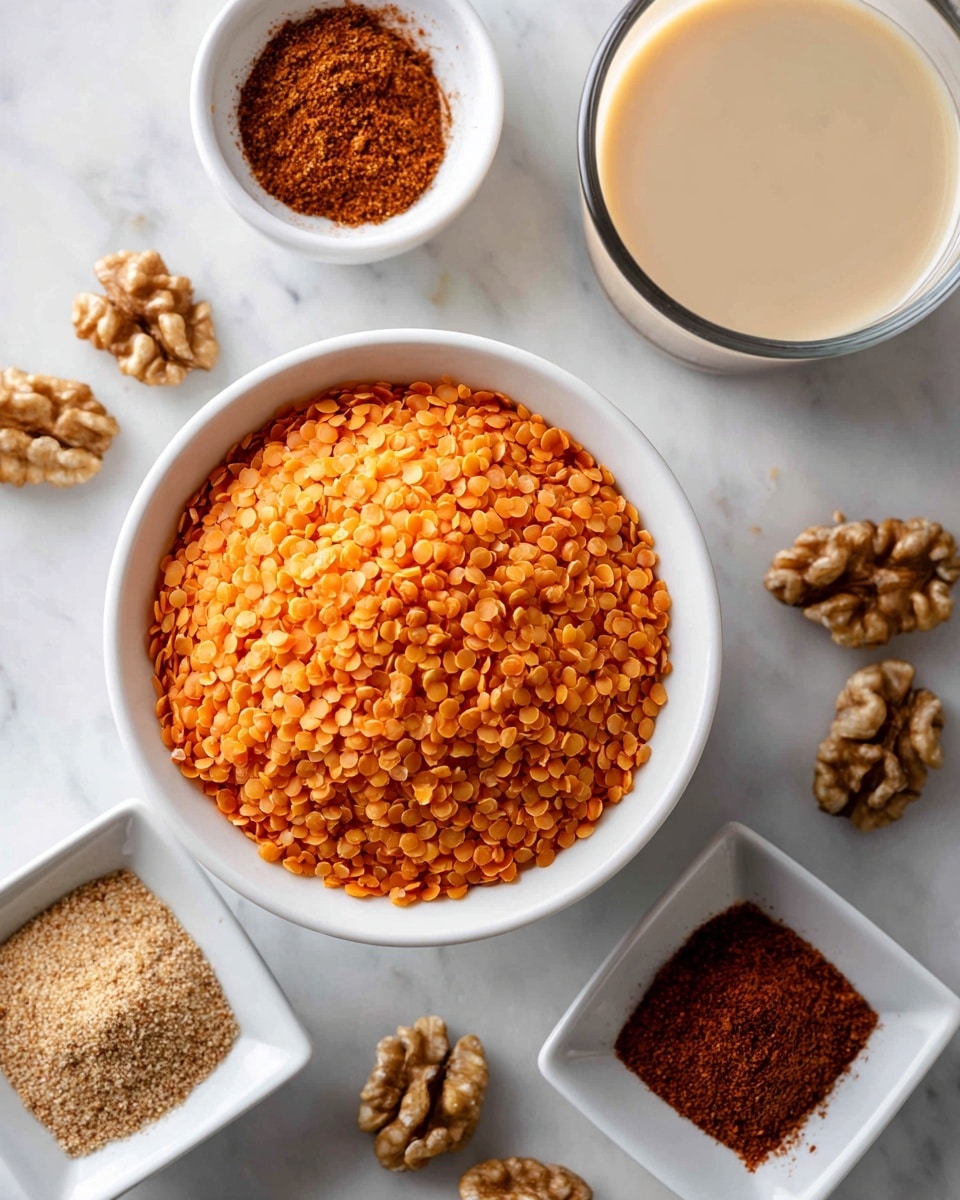 A white bowl filled with orange split lentils is the center of the image, placed on a white marbled surface. Surrounding the bowl are three small white square dishes; one contains brown powder, another has light brown powder, and the last holds a small amount of darker brown powder. To the left of the bowl is a small white round bowl with a pile of ground spice, and above it, a glass cup filled with a light beige liquid. Some scattered walnut pieces are placed near the top right of the lentil bowl. photo taken with an iphone --ar 4:5 --v 7
