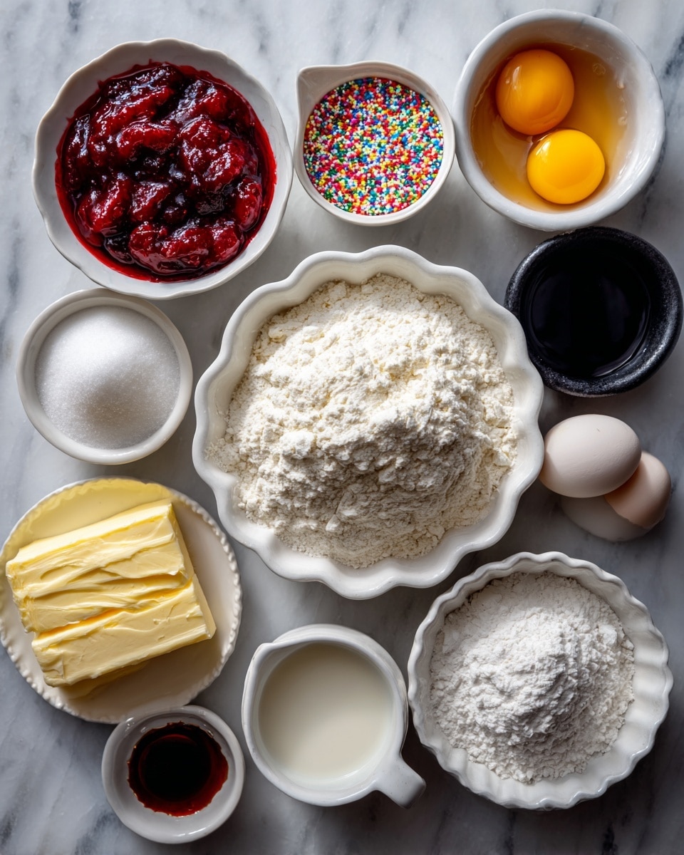 The image shows 10 separate white bowls and plates arranged on a white marbled surface, each holding a baking ingredient. Starting from the top left, there is a bowl filled with deep red strawberry preserves, next to it a small measuring cup with colorful rainbow sprinkles. To the right, a bowl holds two raw eggs with bright yellow yolks. Below the eggs is a bowl of white sugar, and next to it is a small black cup filled with milk. In the center is a white fluted bowl piled high with white flour. Below the flour is another white bowl filled with powdered sugar. To the left of the powdered sugar is a stick of butter in pale yellow, and slightly above that is a small dish with salt and another white ingredient. Lastly, at the far left is a very small white cup holding dark vanilla extract. The lighting is soft and natural, highlighting the colors and textures clearly. photo taken with an iphone --ar 4:5 --v 7