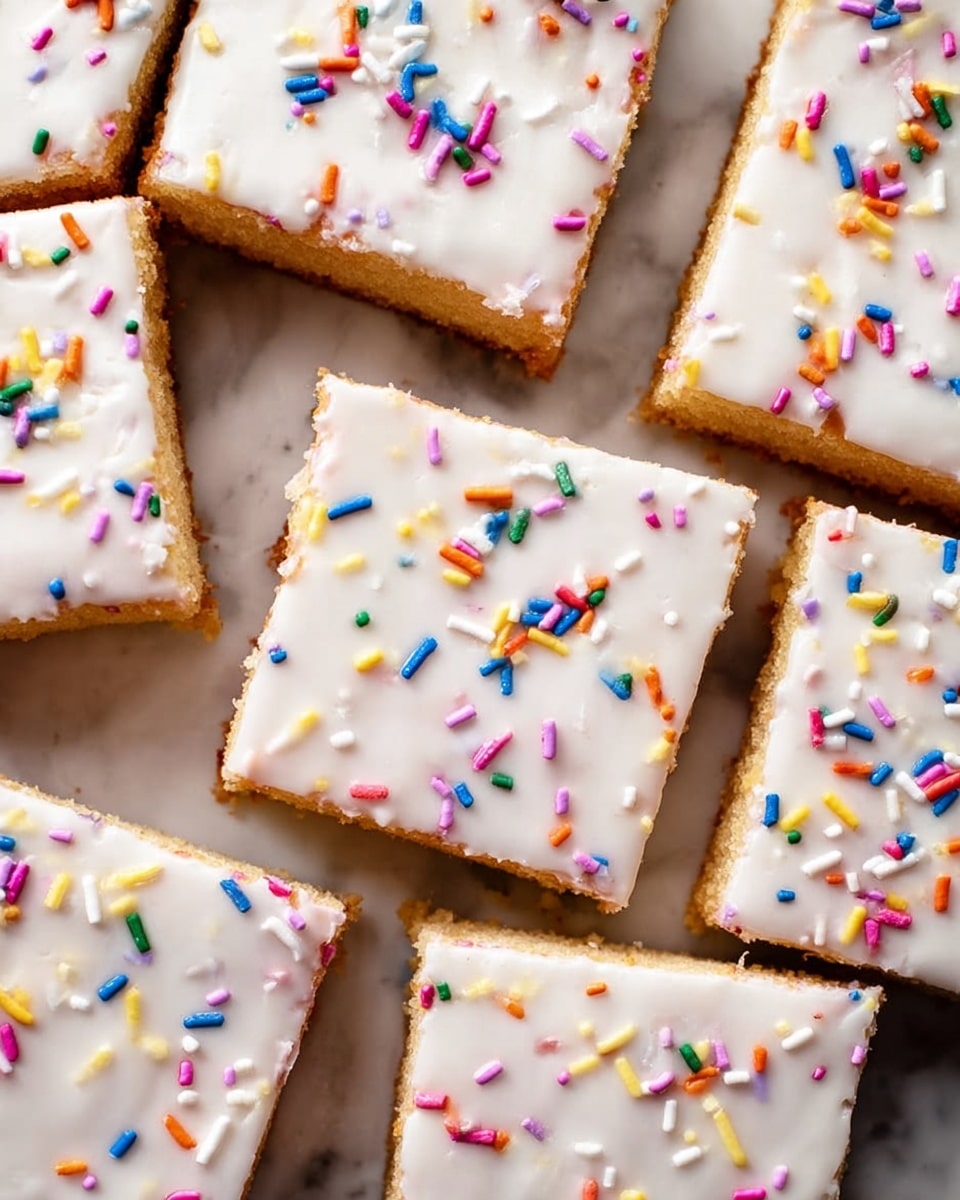 The image shows several rectangular cake pieces arranged side by side on a white marbled surface. Each piece has two main layers: a light brown cake base and a thick white icing layer on top. The white icing is smooth and shiny, slightly covering the edges of the cake, and is decorated with colorful small sprinkles in blue, orange, pink, red, yellow, purple, and white scattered evenly across the surface. The cake pieces are neatly cut, showing clean edges between each piece. Photo taken with an iphone --ar 4:5 --v 7