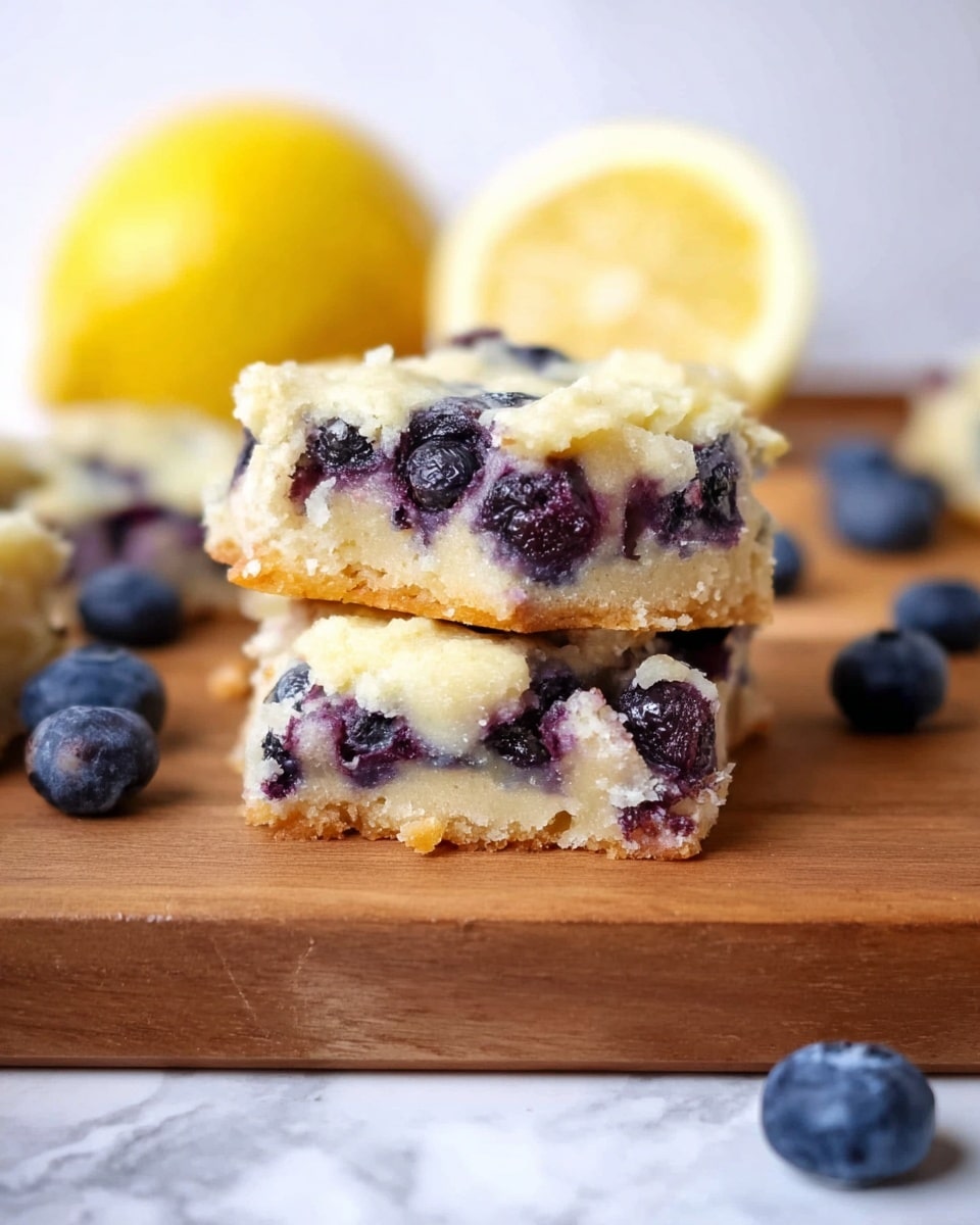 The image shows two stacked pieces of a blueberry dessert bar on a wooden board with a white marbled surface underneath. Each piece has a crumbly light yellow base with whole blueberries embedded inside, creating dark purple and blue spots. The top layer is slightly crumbly and pale, with some blueberries peeking through. Around the dessert bars, there are fresh blueberries scattered on the board, and in the background, there is a yellow lemon cut in half, slightly blurred. Another dessert bar is also partially visible in the background. Photo taken with an iphone --ar 4:5 --v 7