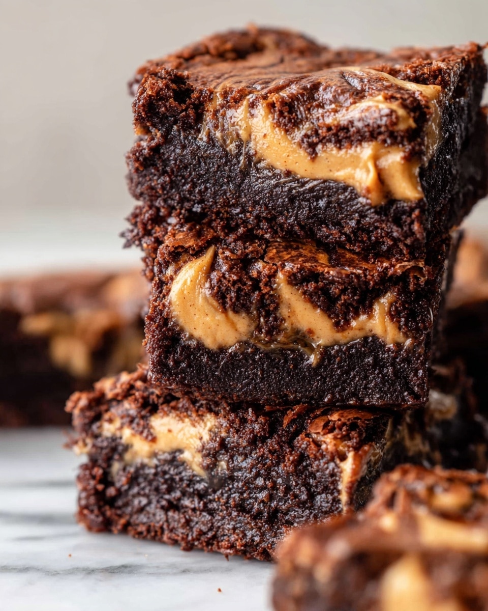 A close-up image of a stack of three thick, square chocolate brownies layered with creamy, light brown peanut butter swirled into the top surface and edges of each brownie. The brownies have a rich, dark brown color with a slightly crumbly texture, highlighted by the smooth, shiny, and slightly melted peanut butter ribbons that contrast with the dark chocolate. The stack is positioned on a white marbled surface with a soft, blurred background. Photo taken with an iphone --ar 4:5 --v 7