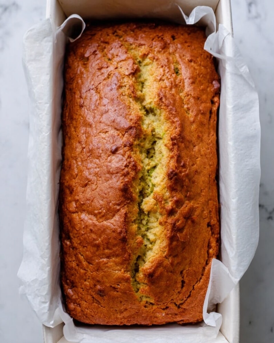 A fresh loaf of bread with a golden brown crust and a large crack splitting the top down the middle, revealing a moist yellowish-green inside. The bread is rectangular and sits inside a white loaf pan lined with white parchment paper that extends above the edges on both sides. The background is a white marbled surface. photo taken with an iphone --ar 4:5 --v 7