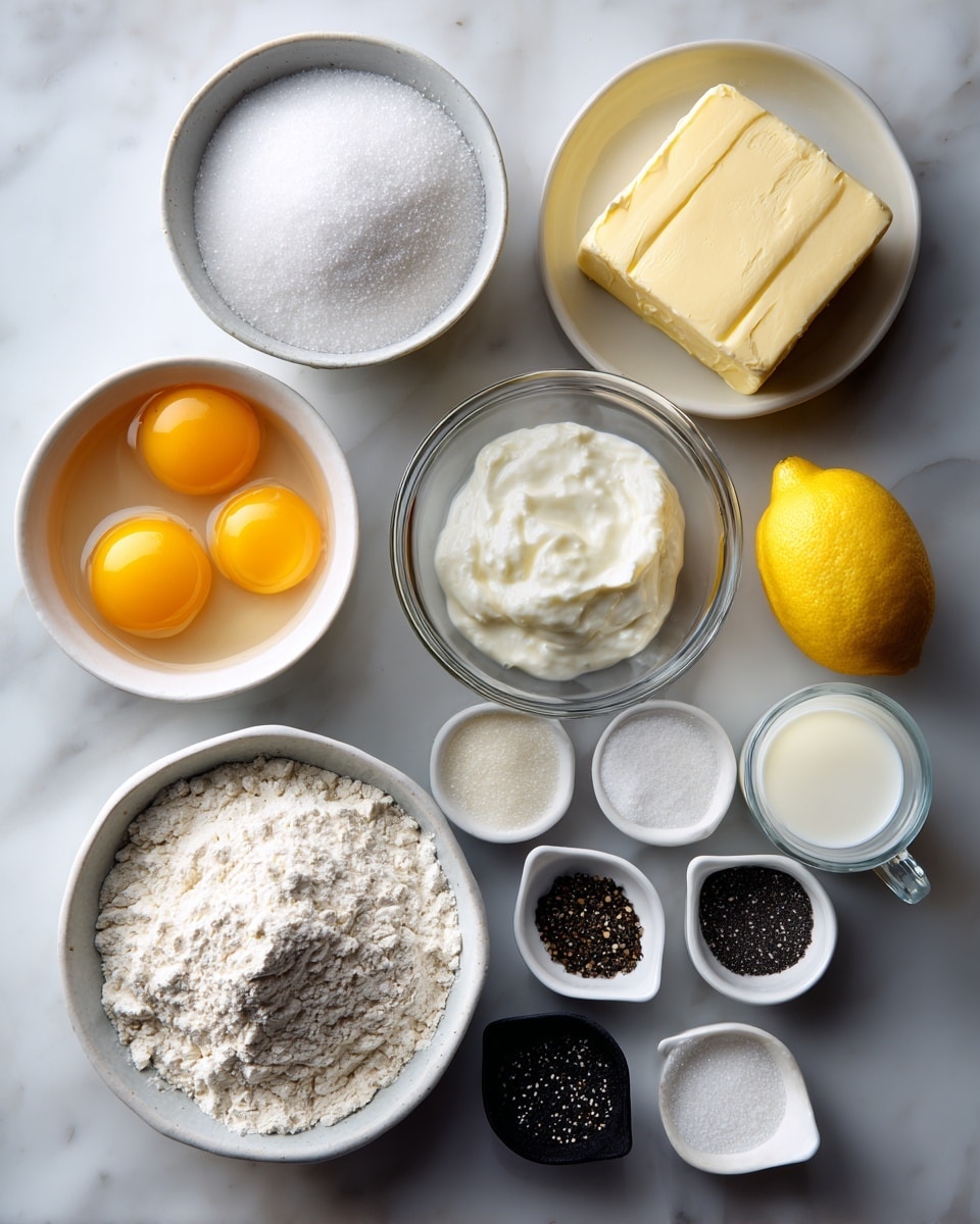 A top-down view of various baking ingredients laid out on a white marbled surface, each in a small bowl or container, arranged neatly. There is a white bowl filled with white sugar at the top left, with a white bowl holding two blocks of pale yellow butter to the right. Below the sugar is a small clear bowl of white yogurt, next to a white bowl with two cracked eggs showing bright yellow yolks. To the right of the eggs is a clear glass cup filled with milk. Near the center bottom is a clear bowl filled with white flour, with small black dishes containing white baking powder, white baking soda, and white salt placed nearby. Small white bowls hold tiny amounts of vanilla extract, black poppy seeds, and a whole yellow lemon is positioned on the left side. Each ingredient is spaced evenly, labeled in black text to identify them, creating a clean and organized visual. Photo taken with an iphone --ar 4:5 --v 7
