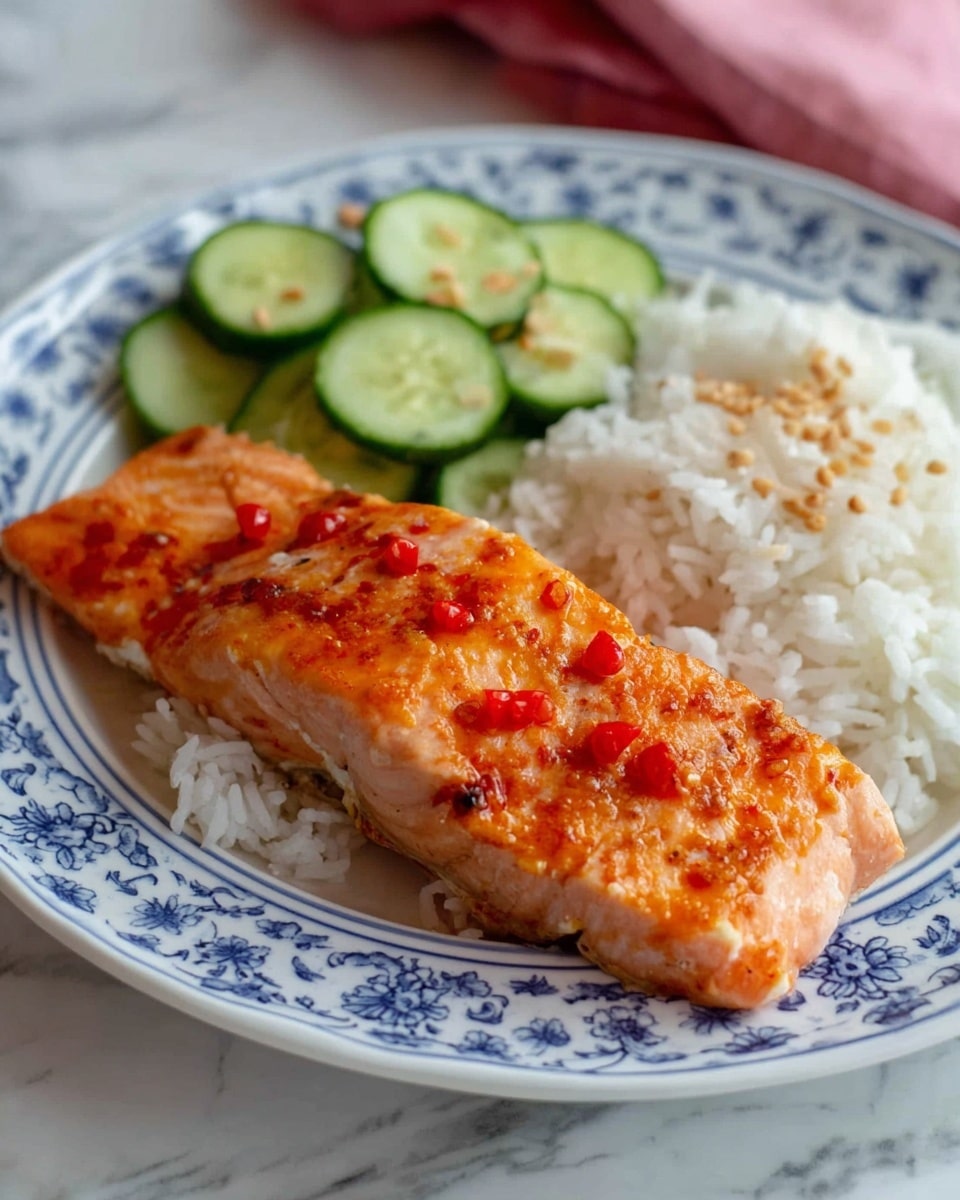 A white plate with blue patterns holds three sections: a long, thick piece of orange salmon topped with small red sauce drops on the left, a heap of white rice with a fluffy texture on the right, and a small pile of green cucumber slices sprinkled with light brown seeds at the top. The background is a white marbled surface with a blurred pink cloth nearby. The photo taken with an iphone --ar 4:5 --v 7