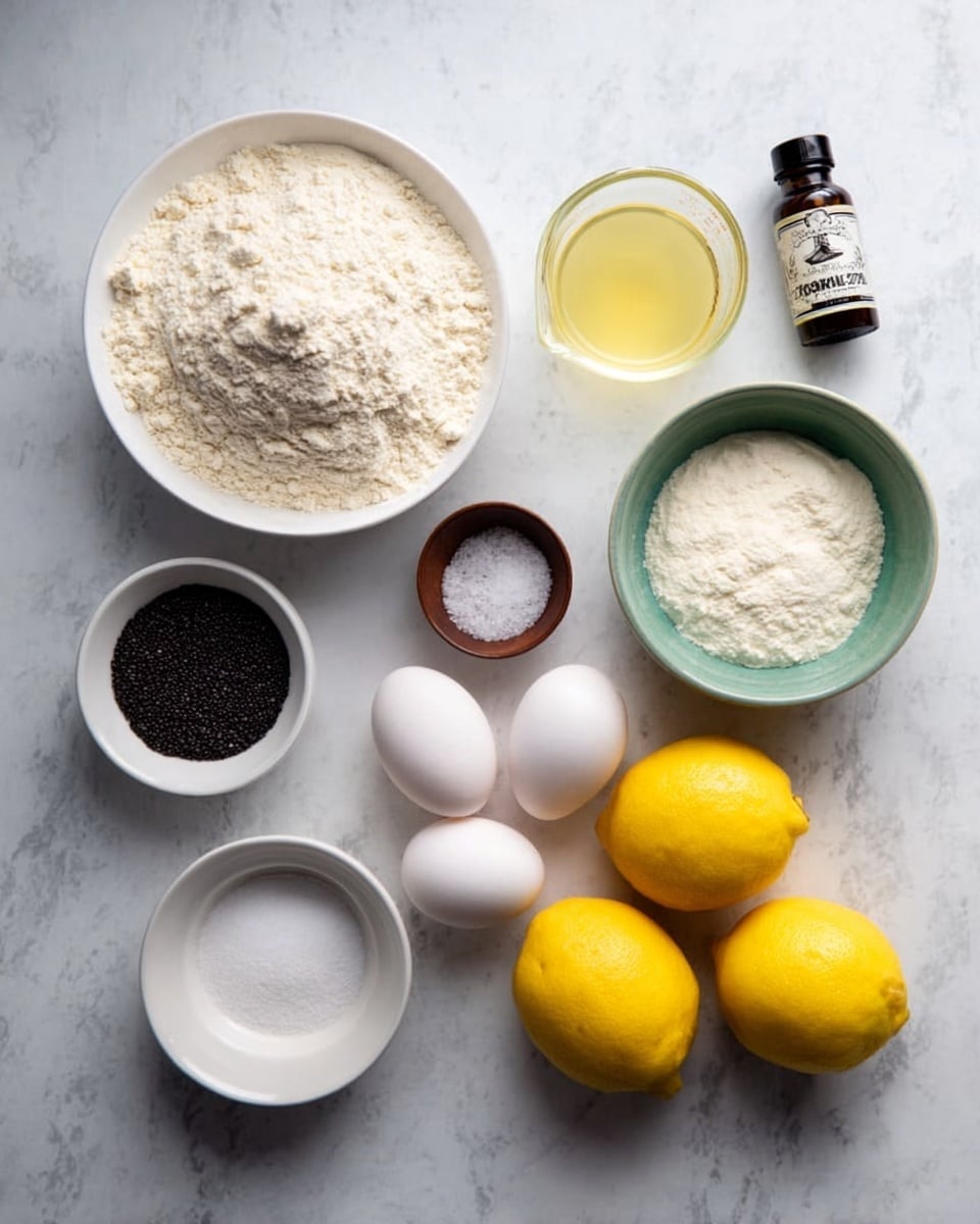 A flat lay image showing ingredients for baking arranged neatly on a white marbled surface. There is one large white bowl filled with flour placed near the top left. Below it, a clear measuring cup holds a light yellow liquid, possibly oil. In the center, a small white bowl holds small black seeds. To the right of it, a white bowl filled with sugar is positioned near two whole yellow lemons on the far right. Above the sugar, there is a small white bowl with a white powdery ingredient and two white eggs next to it. Above the eggs, a small green bowl contains white powder, probably baking powder. A tiny bottle with a dark label is placed in the upper right area. There is also a small brown bowl with salt near the measuring cup. photo taken with an iphone --ar 4:5 --v 7