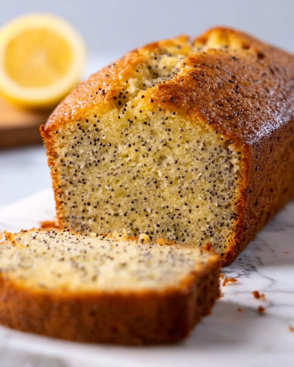 The image shows a loaf of lemon poppy seed cake with a golden-brown crust and a soft inside filled with many small black poppy seeds. One slice is placed on a white marbled surface in front of the loaf, showing the light yellow, moist texture and tiny black seeds inside. There is a blurred lemon wedge in the background. The photo taken with an iphone --ar 4:5 --v 7
