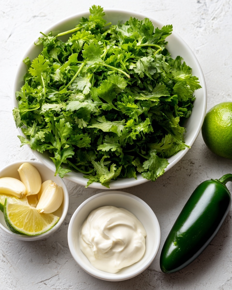A white bowl filled with fresh green cilantro leaves sits on a white marbled texture surface, alongside a whole dark green jalapeno pepper placed to its right. Below the cilantro bowl is a small white bowl with creamy light yellow mayo, and two cloves of white garlic rest between the mayo and cilantro. In the top right area, there is a small white bowl filled with smooth white sour cream. Toward the lower right corner, a whole green lime and a lime half showing the pale green inside are positioned next to each other. All items are spaced apart on the white marbled background. Photo taken with an iphone --ar 4:5 --v 7