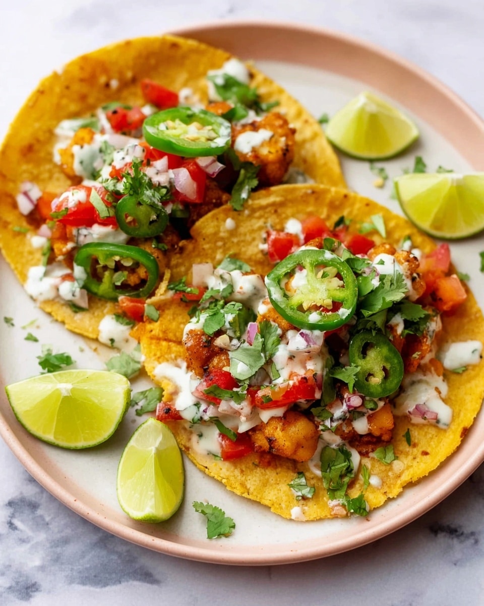 Two tacos sit on a white plate with a light pink rim, placed on a white marbled surface. Each taco has one yellow corn tortilla base. The tortillas are topped with small golden brown cooked pieces, likely chicken or another protein. On top, there are sliced green jalapeños, diced red tomatoes, and fresh green cilantro leaves scattered around. A light drizzle of white creamy sauce is applied on top of the toppings. Around the plate, four lime wedges are arranged, two on the left side and two on the right. Photo taken with an iphone --ar 4:5 --v 7