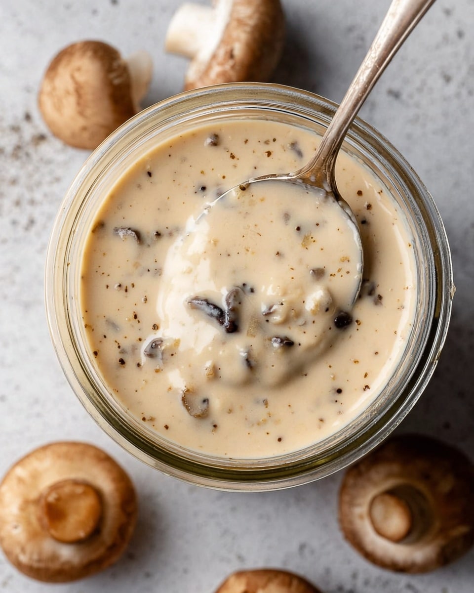 A close-up top view of a clear glass jar filled with creamy, light beige sauce with small dark mushroom pieces scattered throughout. A spoon is dipped on the right side of the jar, slightly stirring the smooth, thick sauce. Around the jar, there are whole mushrooms visible on a white marbled texture surface. Photo taken with an iphone --ar 4:5 --v 7