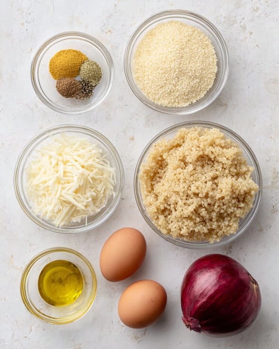 The image shows seven clear glass bowls arranged on a white marbled surface. Starting from the top left, there is a small bowl with three spices: light yellow powder, black pepper, and green seasoning. To the right, another larger bowl is filled with light beige breadcrumbs. Below these, in the middle left, there is a small bowl of shredded white cheese. Next to it on the right, a medium bowl is filled with cooked light brown quinoa. Below the spices bowl, a small bowl contains translucent golden oil. To the right of the quinoa, two brown eggs sit in a small bowl. On the far right side, a single whole red onion lies directly on the white marbled surface. The photo taken with an iphone --ar 4:5 --v 7