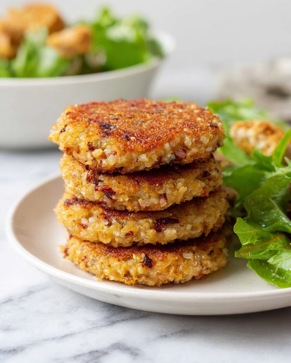 There is a stack of four round, golden-brown patties on a white plate. The patties have a crispy texture on the outside with visible small bits of what looks like grains and chopped red onions embedded inside. The edges of the patties are slightly uneven and crunchy. In the blurred background, there is a white bowl filled with green leafy salad and some croutons. The whole scene is set on a white marbled surface. photo taken with an iphone --ar 4:5 --v 7