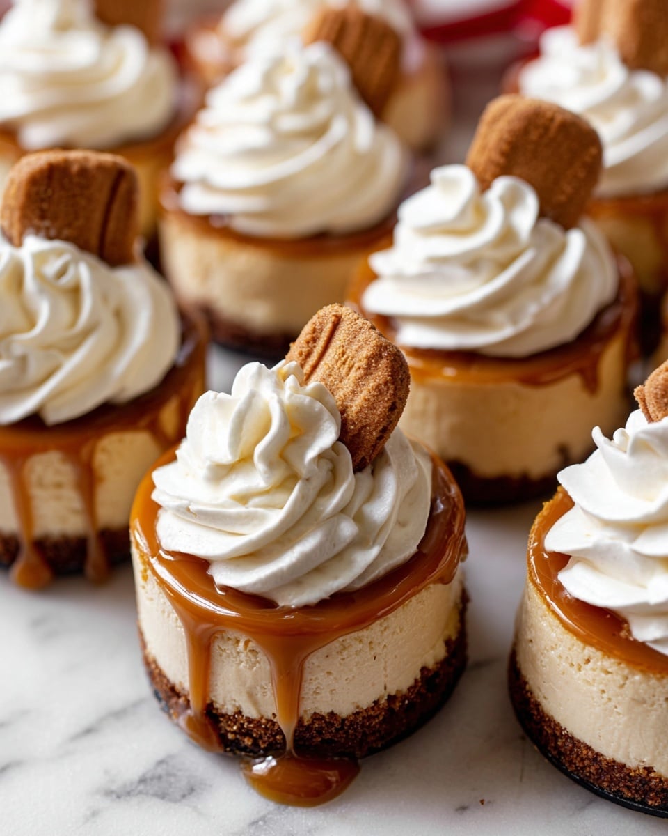 The image shows several small round cheesecakes placed closely together on a surface with a white marbled texture. Each cheesecake has three layers: a dark brown crumb crust at the bottom, a thick creamy beige cheesecake layer in the middle, and a smooth caramel layer on top. Most cheesecakes are topped with a fluffy swirl of white whipped cream, and some have a light brown cookie piece inserted into the cream on the side. The caramel layer looks shiny and some drip slightly down the side. Photo taken with an iphone --ar 4:5 --v 7