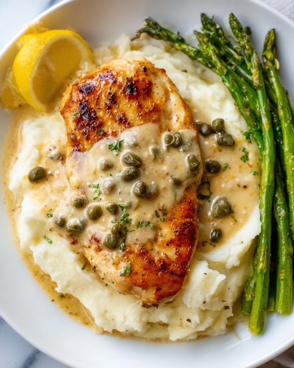A white plate with a golden browned piece of chicken topped with a creamy light beige sauce and a few green capers scattered on top. To the right of the chicken, there are bright green asparagus spears neatly arranged. Below the chicken and asparagus, there is a generous scoop of light, fluffy mashed potatoes also covered with the creamy sauce, with a few capers mixed in. At the top left edge of the plate, a thin slice of lemon is visible. The plate sits on a white marbled surface. photo taken with an iphone --ar 4:5 --v 7