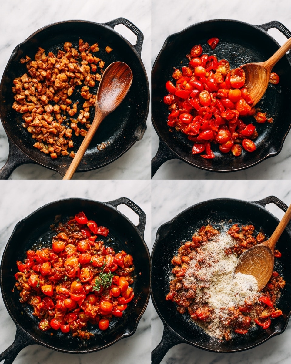 The image shows a four-step cooking process in a black cast iron pan placed on a white marbled surface. In the first step, small brown diced pieces are spread evenly in the pan with a wooden spoon resting on the side. In the second step, bright red cherry tomatoes and diced red bell peppers are added on top of the cooked brown pieces, with the wooden spoon now slightly immersed in the ingredients. The third step shows these ingredients mixed, with the brown pieces, red peppers, and halved cherry tomatoes evenly combined and the wooden spoon resting inside the pan. In the fourth step, a light dusting of white powder, likely a spice or seasoning, is sprinkled over the mixed ingredients, with a small amount of tomato sauce present, and the wooden spoon is positioned on the right side of the pan. Photo taken with an iphone --ar 4:5 --v 7