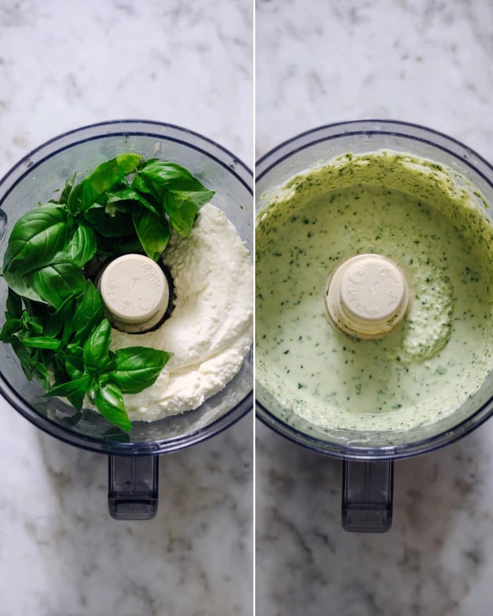 The image shows two side-by-side photos of a food processor placed on a white marbled surface. On the left, inside the clear food processor bowl, there is a layer of thick white creamy substance topped with fresh green basil leaves. On the right, the food processor contains a smooth, light green sauce with small darker green flecks evenly mixed in, giving it a textured, creamy look around the processor blade. Photo taken with an iphone --ar 4:5 --v 7