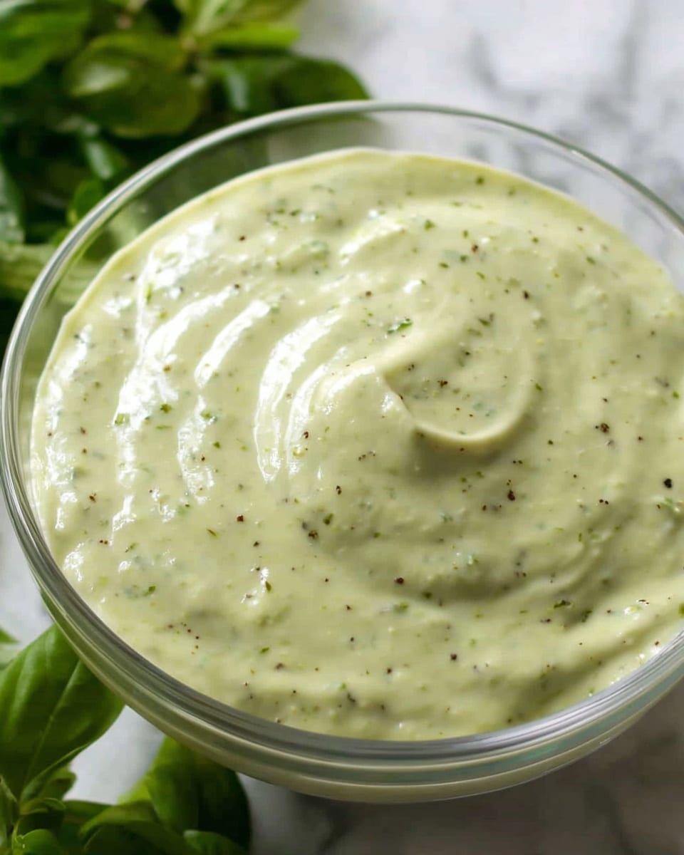 A clear bowl filled with a thick, creamy pale green sauce that has small darker green specks evenly spread throughout. The sauce has a soft, smooth texture with gentle swirls on the surface, and the bowl is placed on a white marbled surface with fresh green leaves nearby. photo taken with an iphone --ar 4:5 --v 7