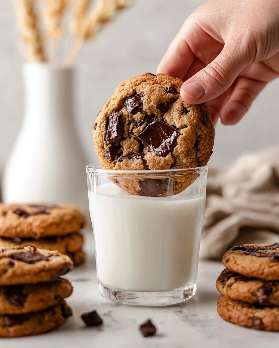 A round chocolate chip cookie with a golden-brown color and large dark chocolate chunks is held by a woman's hand, partially dipped into a tall clear glass filled almost to the top with white milk. The surface below is a white marbled texture with several more chocolate chip cookies scattered around. In the background, there are blurred white bottles and some dried wheat in a white vase, adding depth to the soft, light scene. The image is bright and clean, focusing on the cookie and milk interaction. photo taken with an iphone --ar 4:5 --v 7