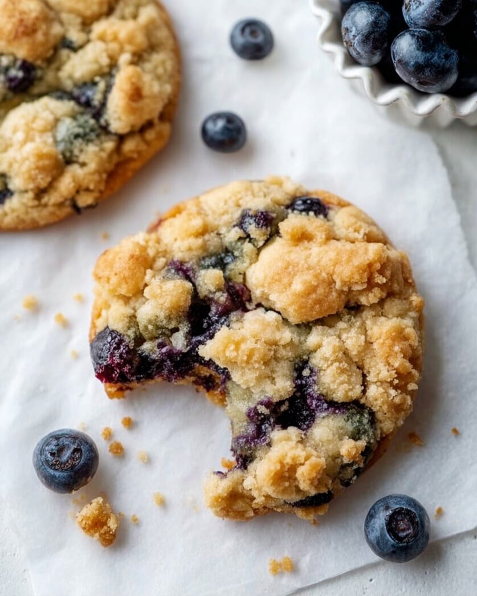 The image shows a close-up of a blueberry crumb cookie resting on white parchment paper over a white marbled surface. The cookie has two main layers: the soft, light golden base with visible purple-blue blueberries baked inside, and a crumbly, tan-colored topping scattered generously on top. One cookie in the foreground has a bite taken out, exposing the soft inside with blueberries. Around the cookies are loose blueberries adding color contrast. In the top right corner, part of a white scalloped bowl holds more blueberries. Photo taken with an iphone --ar 4:5 --v 7