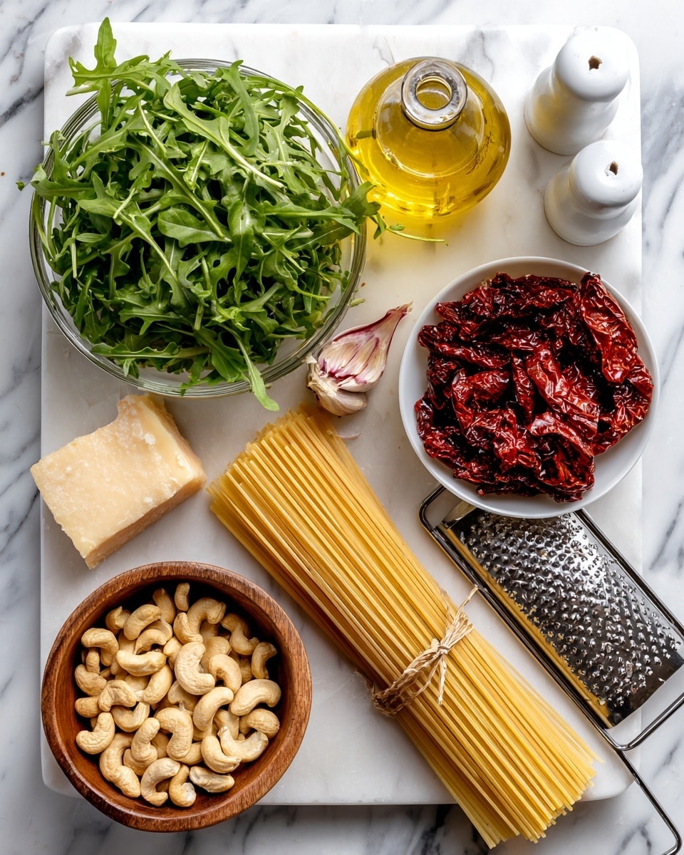 The image shows ingredients for a pasta dish arranged neatly on a white marbled surface. In the center, there is a bowl filled with fresh, bright green arugula leaves. Above it is a clear glass bottle of golden olive oil. To the right of the arugula, there are two white containers for salt and pepper standing next to each other. Below them lies a bundle of uncooked pale yellow pasta tied with string. On the bottom left, a wooden bowl holds light brown cashews. Above the cashews is a single clove of garlic with a pale pinkish peel. Next to the garlic is a stainless steel grater with a solid block of light yellow parmesan cheese on it. Above the parmesan is a small bowl filled with deep red sun-dried tomatoes. The layout forms a balanced, colorful display of raw ingredients against the bright white marbled background photo taken with an iphone --ar 4:5 --v 7
