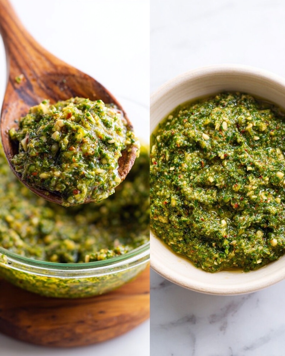 The image shows two close-up views of a green sauce with a coarse, chunky texture, made from finely chopped herbs and nuts. On the left side, a wooden spoon is lifting a thick scoop of the sauce from a clear glass bowl that reveals the sauce's slightly moist consistency and speckled green, yellow, and light brown colors. On the right side, the sauce fills a simple, round white wooden bowl, showing the texture clearly with small lumps of nuts and herbs mixed together. The dish is set on a white marbled surface, highlighting the fresh green color of the sauce. photo taken with an iphone --ar 4:5 --v 7
