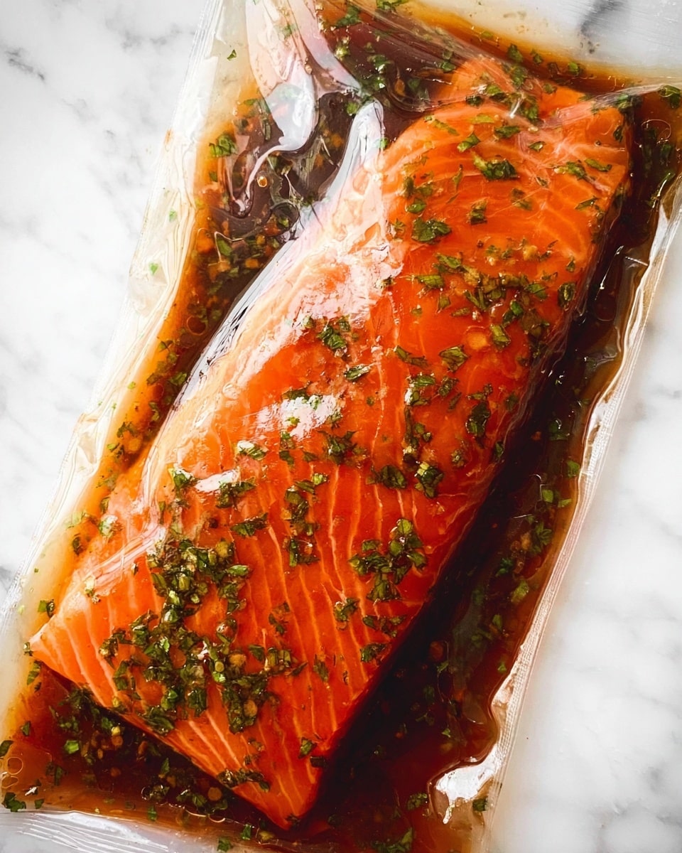 A piece of bright orange salmon fillet with visible lines of the fish texture is inside a clear plastic bag. The salmon is covered with small green herb flakes evenly spread on top. The bag holds a dark brown marinade liquid that almost fills the space around the fish, showing smooth and shiny reflections. The background is a white marbled surface. photo taken with an iphone --ar 4:5 --v 7