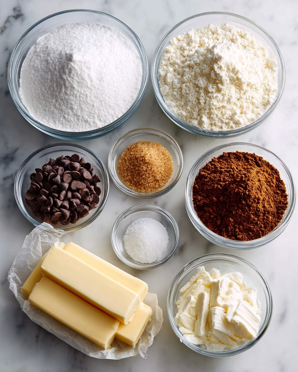 The image shows eight small clear glass bowls and two sticks of butter arranged on a white marbled surface. Each bowl contains a different ingredient: powdered sugar in a large bowl with fine white powder, flour in another large bowl with off-white powder, brown sugar in a small bowl with a light brown granular texture, chocolate chips in a small bowl with dark brown small chunks, salt in a tiny bowl with a small amount of white granules, milk in a small bowl with a white liquid, and vanilla in a small bowl with a dark brown liquid. The two sticks of butter are light yellow and wrapped partially in paper, placed near the bottom left. Each ingredient is labeled with clear, brown text boxes above or near the bowls. photo taken with an iphone --ar 4:5 --v 7
