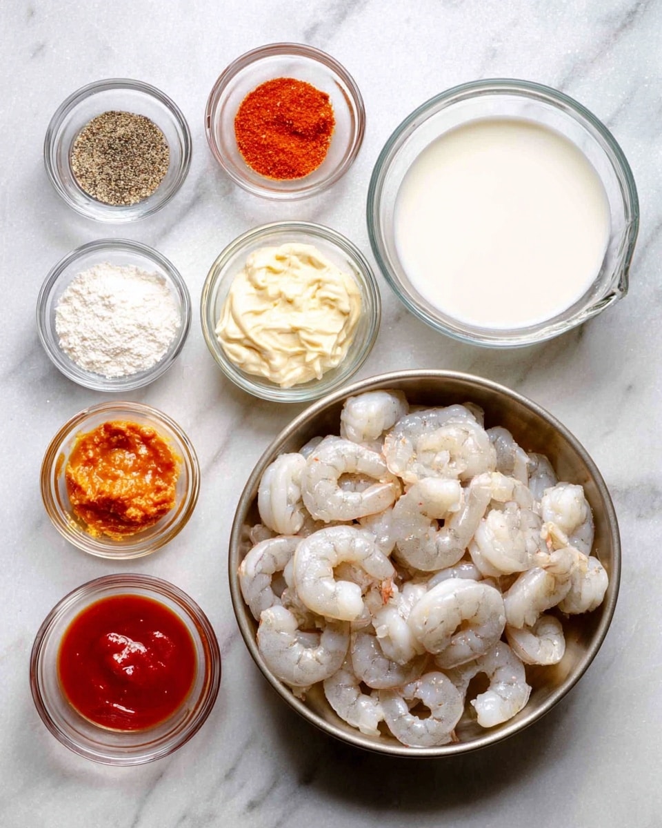 A white marbled surface holds a spread of clear glass and metal bowls with cooking ingredients. In the center front, there is a metal bowl filled with raw peeled shrimp, pale gray and pinkish in color, showing their curved shapes and smooth texture. Surrounding it are seven small glass bowls, each with different ingredients: one with black pepper powder, one with white powder, one with a light yellow powder, one with a bright red hot sauce, one with an orange sweet chili sauce, one with creamy white mayonnaise, and one with white flour. At the back right, a larger glass bowl contains white milk. All bowls are neatly arranged with clear visibility of colors and textures. photo taken with an iphone --ar 4:5 --v 7