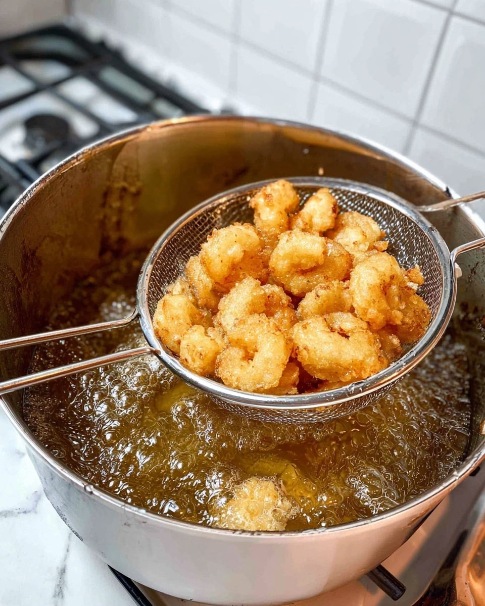 The image shows a metal skimmer with a round wire basket full of golden fried shrimp being lifted from a white pot filled with bubbling hot oil. The shrimp are light golden brown and appear crispy, sitting inside the skimmer just above the oil surface. The pot has some dark stains and splashes on its inside walls, and the background shows white tiled walls. The stove burner and part of the white stovetop are visible below the pot, and there is a white marbled surface beneath the stove. photo taken with an iphone --ar 4:5 --v 7